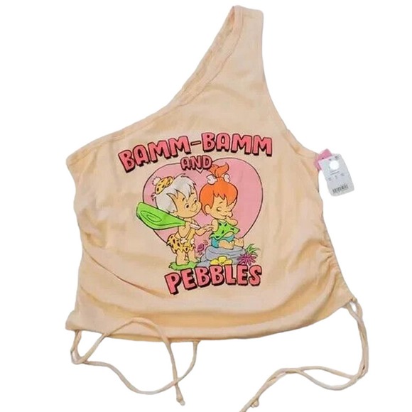 The Flintstones, Pink, Size XS, One-Shoulder BAMM BAMM & PEBBLES Tank Top Shirt - Picture 2 of 7
